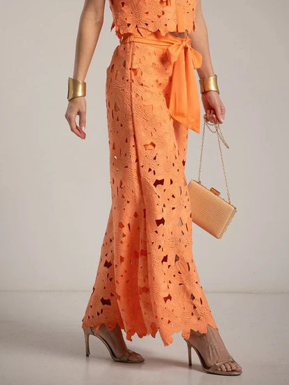 Elara | Women's Elegant Lace Cutout Shirt Wide Leg Two Piece Set