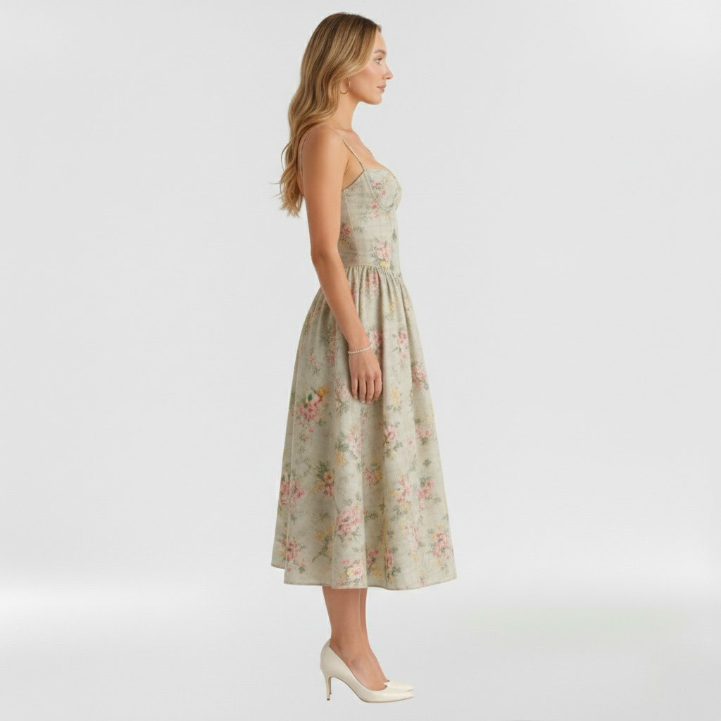 Floravienne | Floral Corset Bodice Spaghetti Strap Pleated Elegant Midi Dress