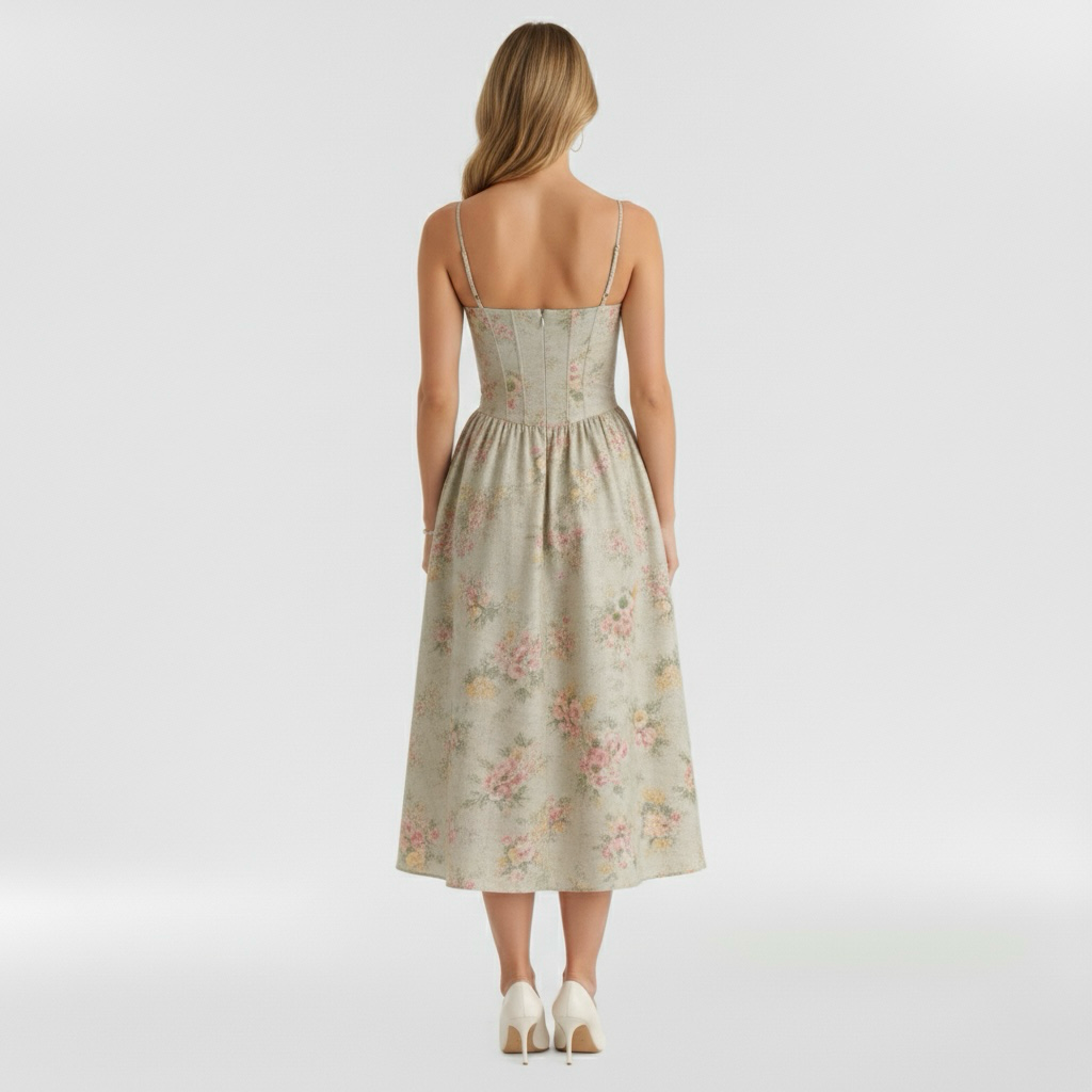 Floravienne | Floral Corset Bodice Spaghetti Strap Pleated Elegant Midi Dress