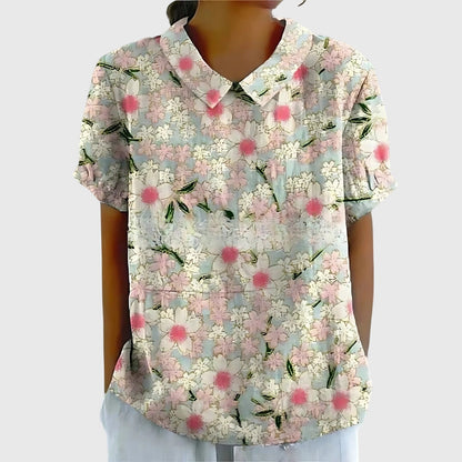 Jenna | Floral Print Collared Short Sleeve Casual Linen Blouse