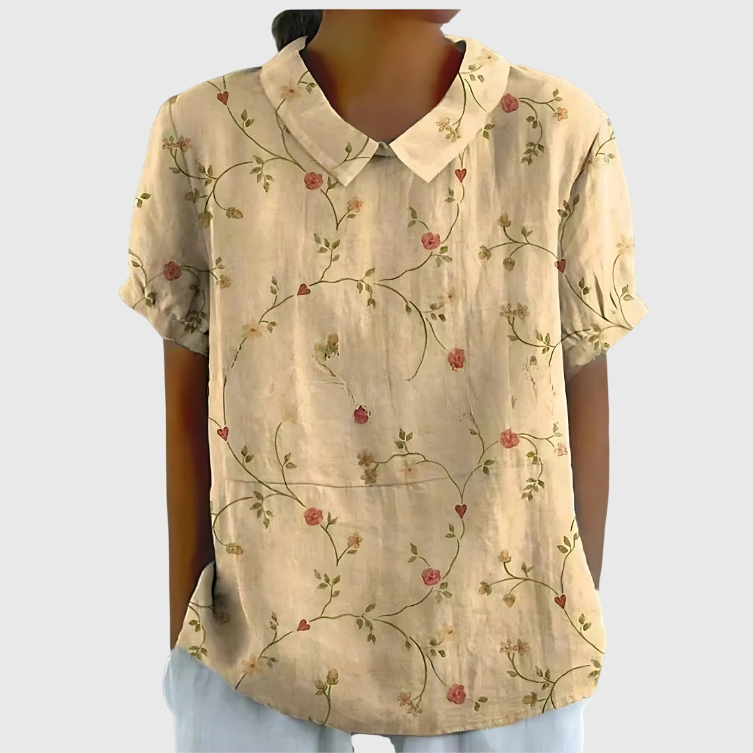 Jenna | Floral Print Collared Short Sleeve Casual Linen Blouse