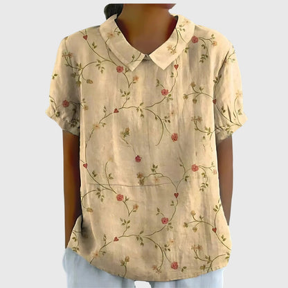Jenna | Floral Print Collared Short Sleeve Casual Linen Blouse