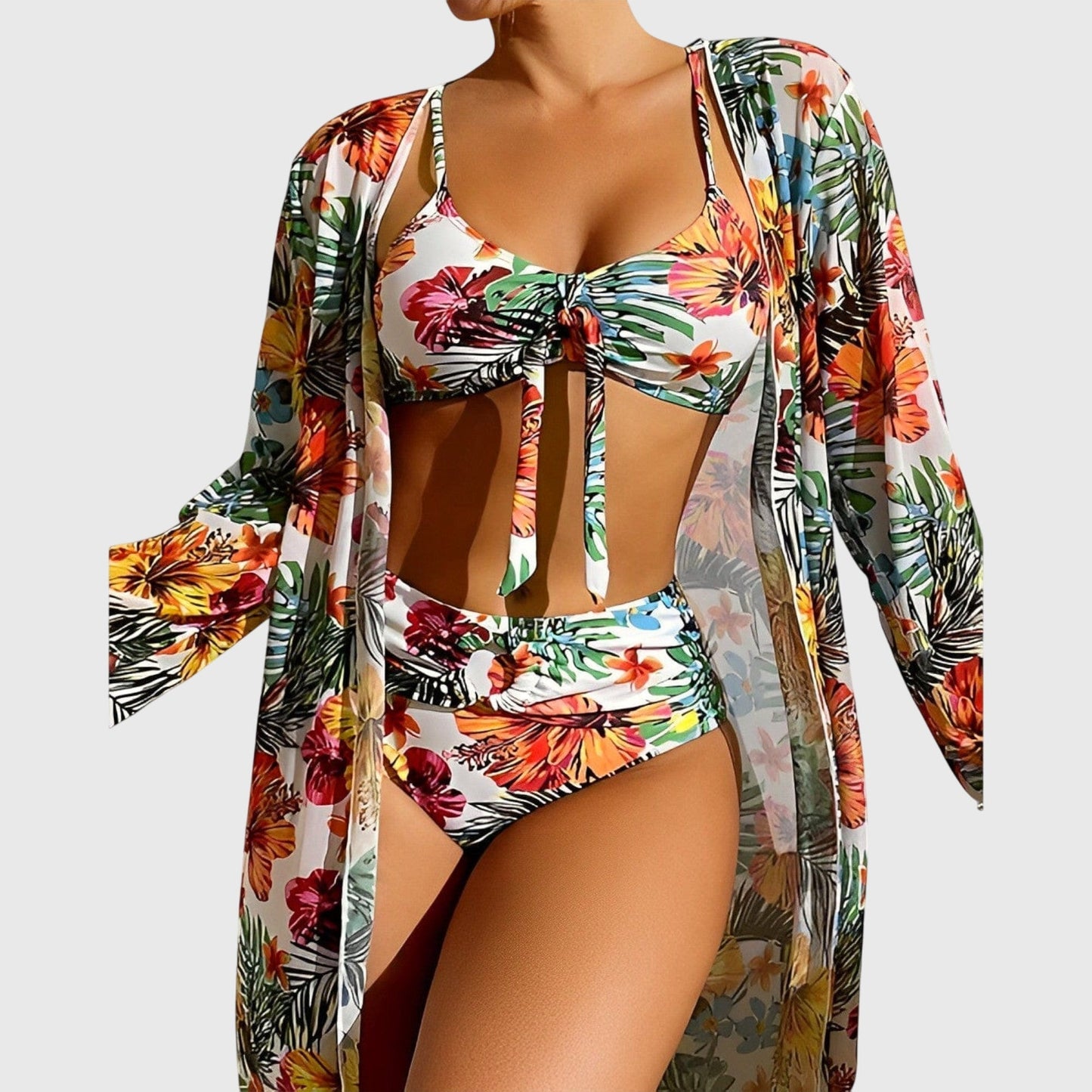 Tropica | Tropical Floral Print Tie Front High Waist Bikini Three Piece Set