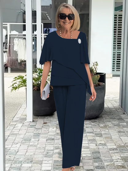 Elizabeth | Asymmetric Layered Chiffon Top Wide Leg Pants Elegant Two Piece Set