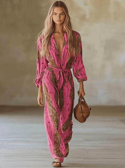 Allegra | Snake Print Deep V Neck Tie Waist Long Sleeve Wide Leg Jumpsuit