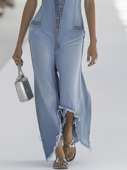Andromeda | Denim Button Front Sleeveless Raw Hem Wide Leg Jumpsuit