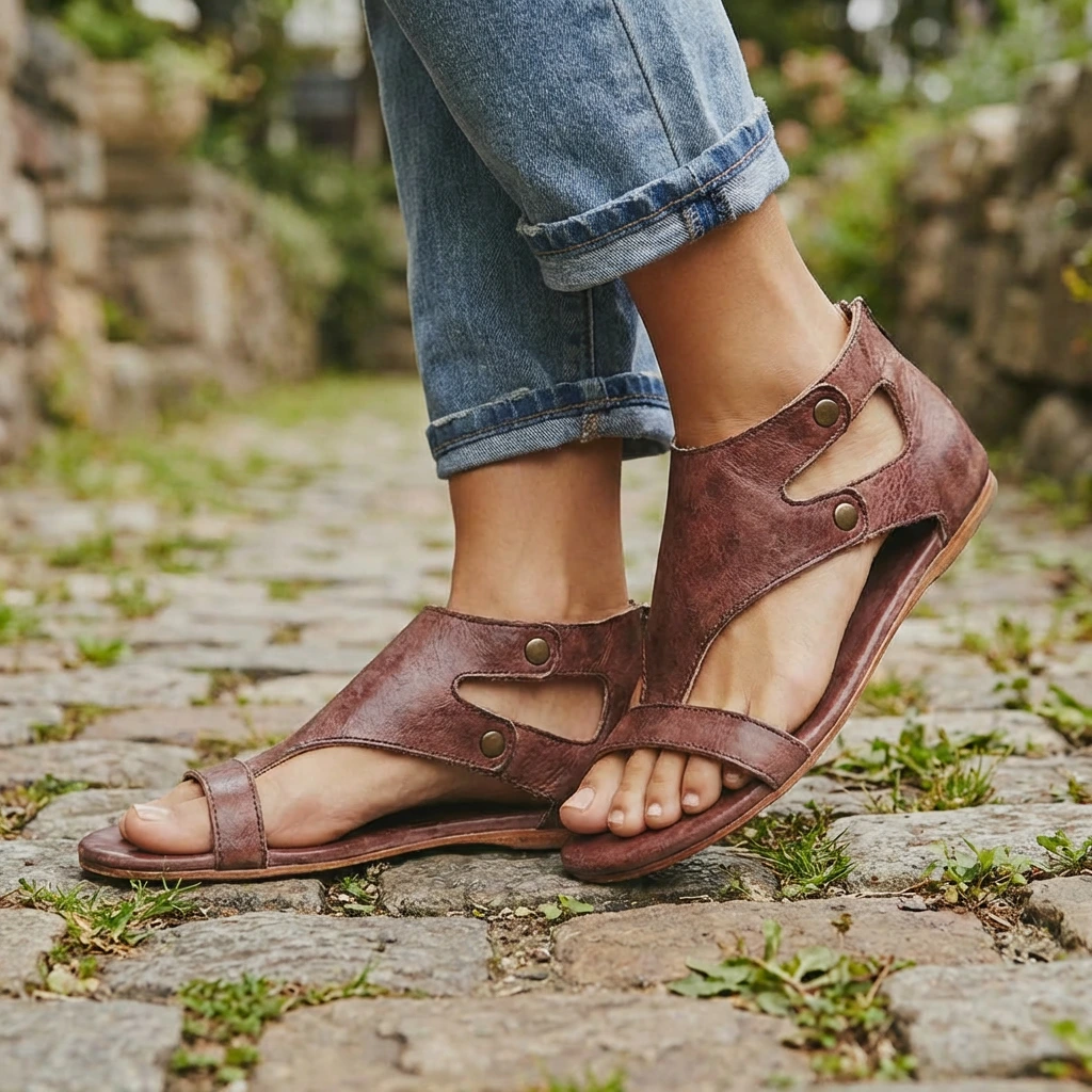 Delaney | Cutout Ankle Studded Strap Open Toe Flat Orthopedic Sandal