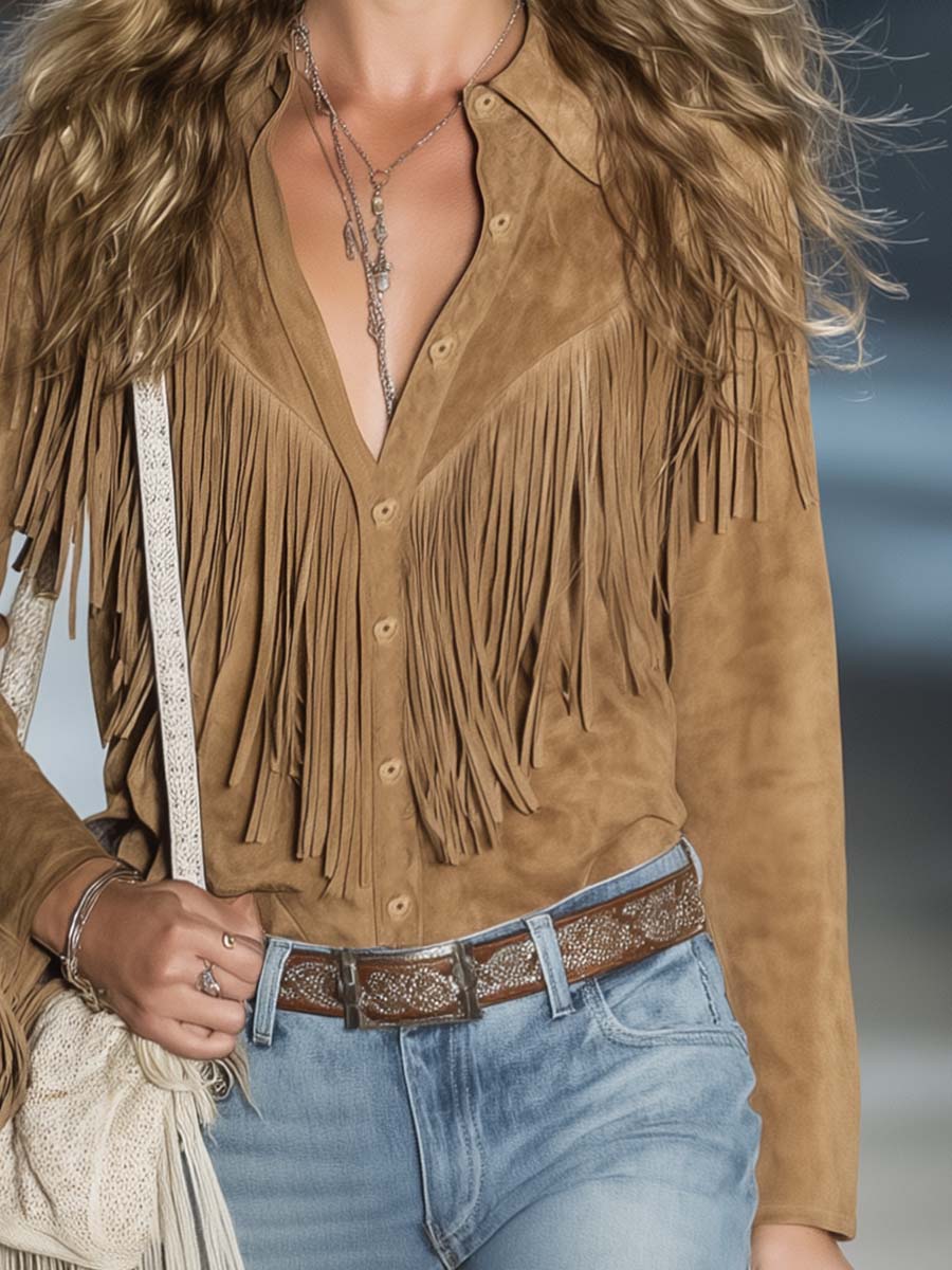 Aspen | Spread Collar Button Front Long Sleeve Fringe Western Shirt