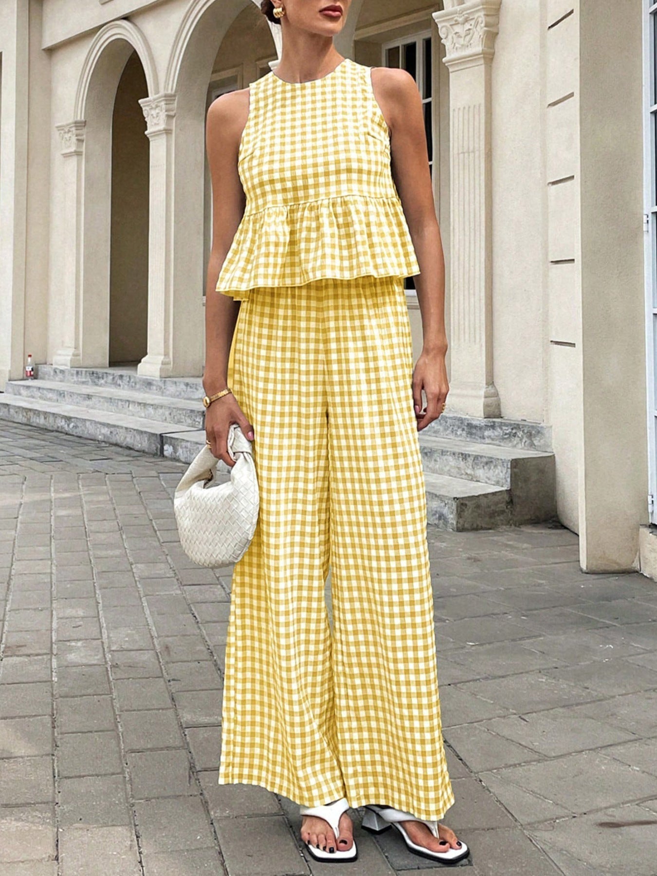 Tessa | Women's Gingham Sleeveless Peplum Top Wide Leg Pants Set