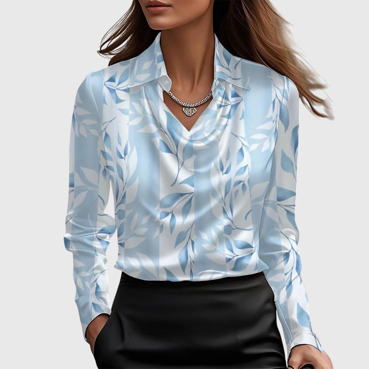 Brooklyn | Satin Draped Cowl Neck Collared Long Sleeve Blouse