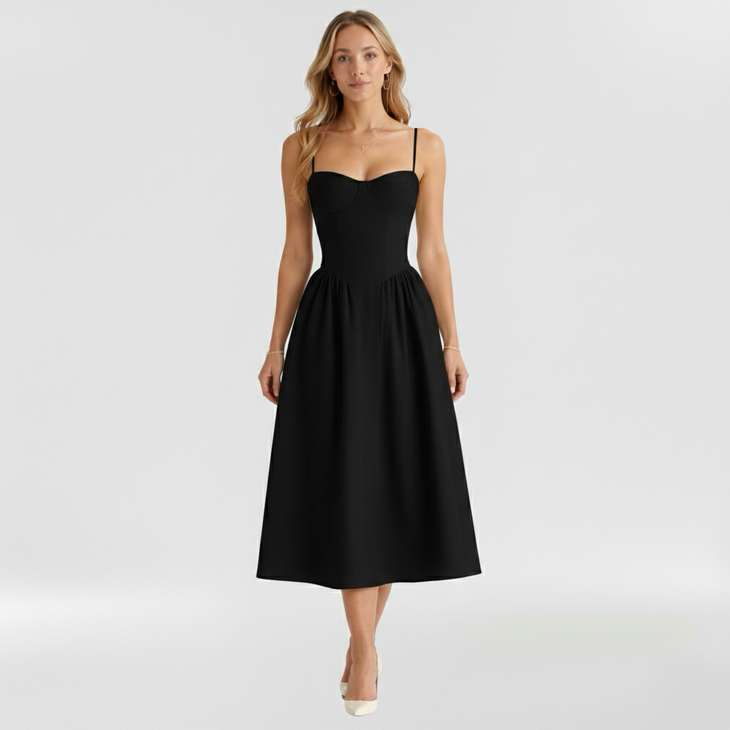 Floravienne | Floral Corset Bodice Spaghetti Strap Pleated Elegant Midi Dress