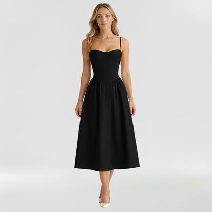 Floravienne | Floral Corset Bodice Spaghetti Strap Pleated Elegant Midi Dress