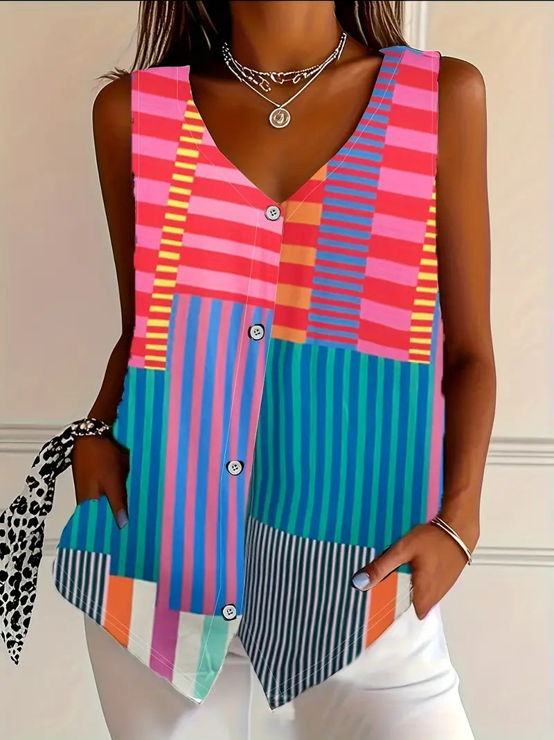 Meliyrah | Zebra Print Sleeveless V Neck Button Down Casual Blouse