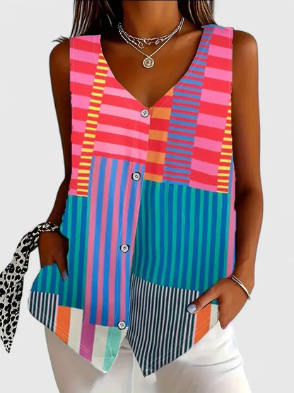 Meliyrah | Zebra Print Sleeveless V Neck Button Down Casual Blouse