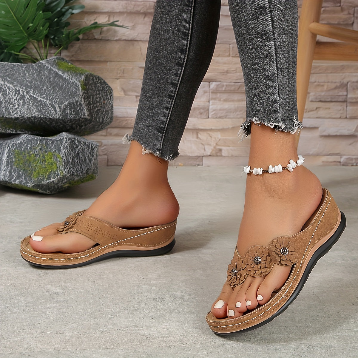Pippa | Floral Appliqué Thong Wedge Slip On Orthopedic Sandal
