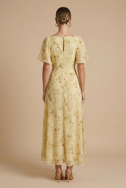 Marigold | Women's Floral Square Neck Flutter Sleeve Maxi Dress