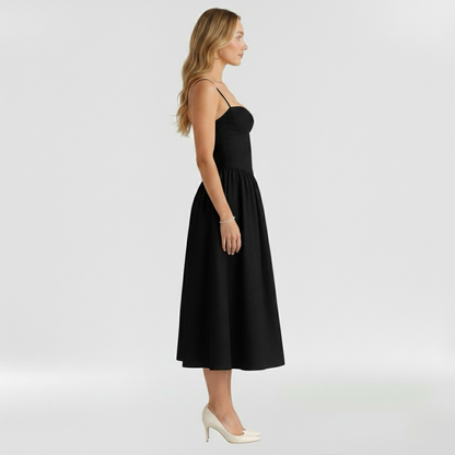 Floravienne | Floral Corset Bodice Spaghetti Strap Pleated Elegant Midi Dress