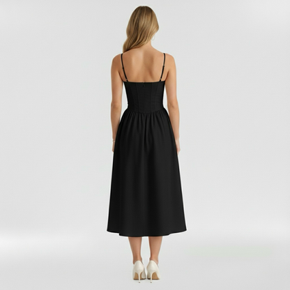 Floravienne | Floral Corset Bodice Spaghetti Strap Pleated Elegant Midi Dress