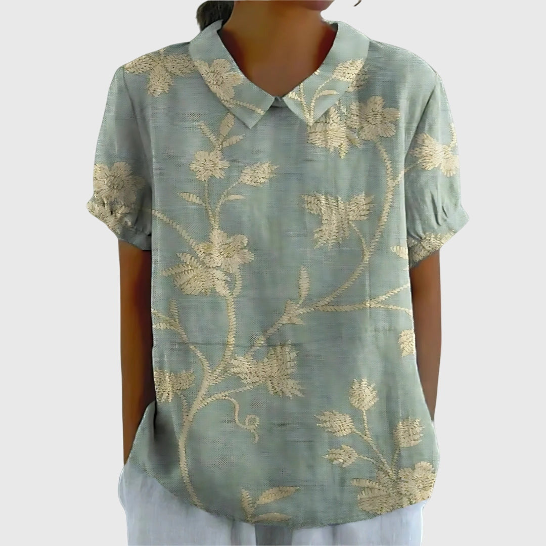 Jenna | Floral Print Collared Short Sleeve Casual Linen Blouse