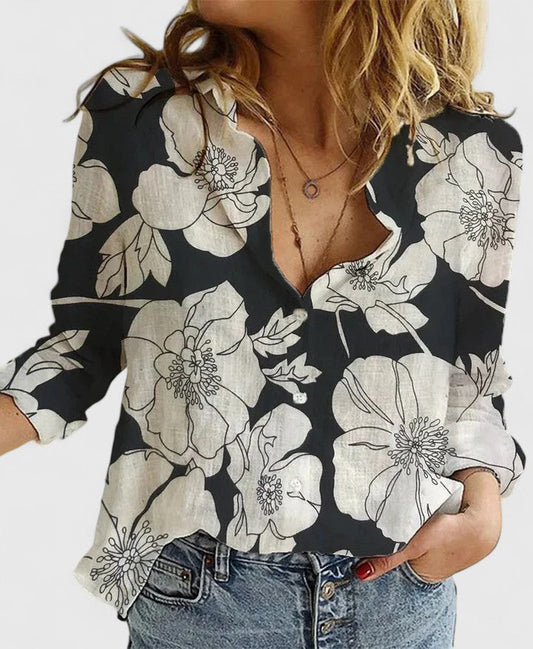 Elena | Button Down Lapel Collar Long Sleeve Casual Linen Blouse
