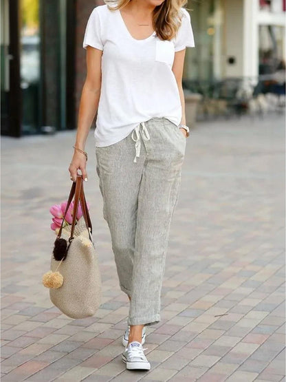 Emily | Drawstring Waist Slim Tapered Cuffed Linen Blend Casual Pants