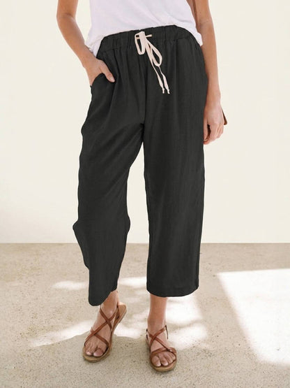 Emily | Drawstring Waist Slim Tapered Cuffed Linen Blend Casual Pants