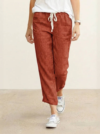 Emily | Drawstring Waist Slim Tapered Cuffed Linen Blend Casual Pants