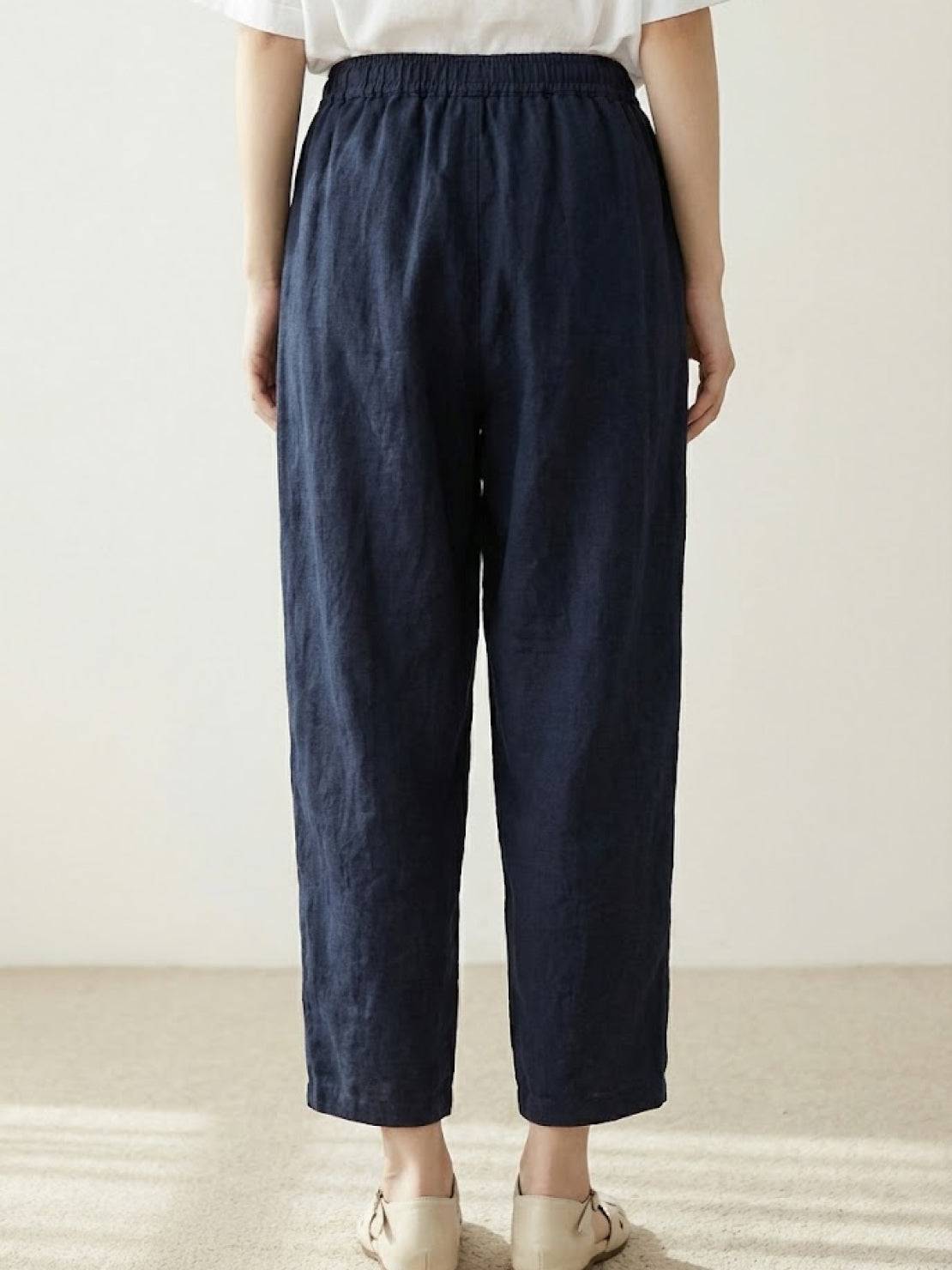 Emily | Drawstring Waist Slim Tapered Cuffed Linen Blend Casual Pants