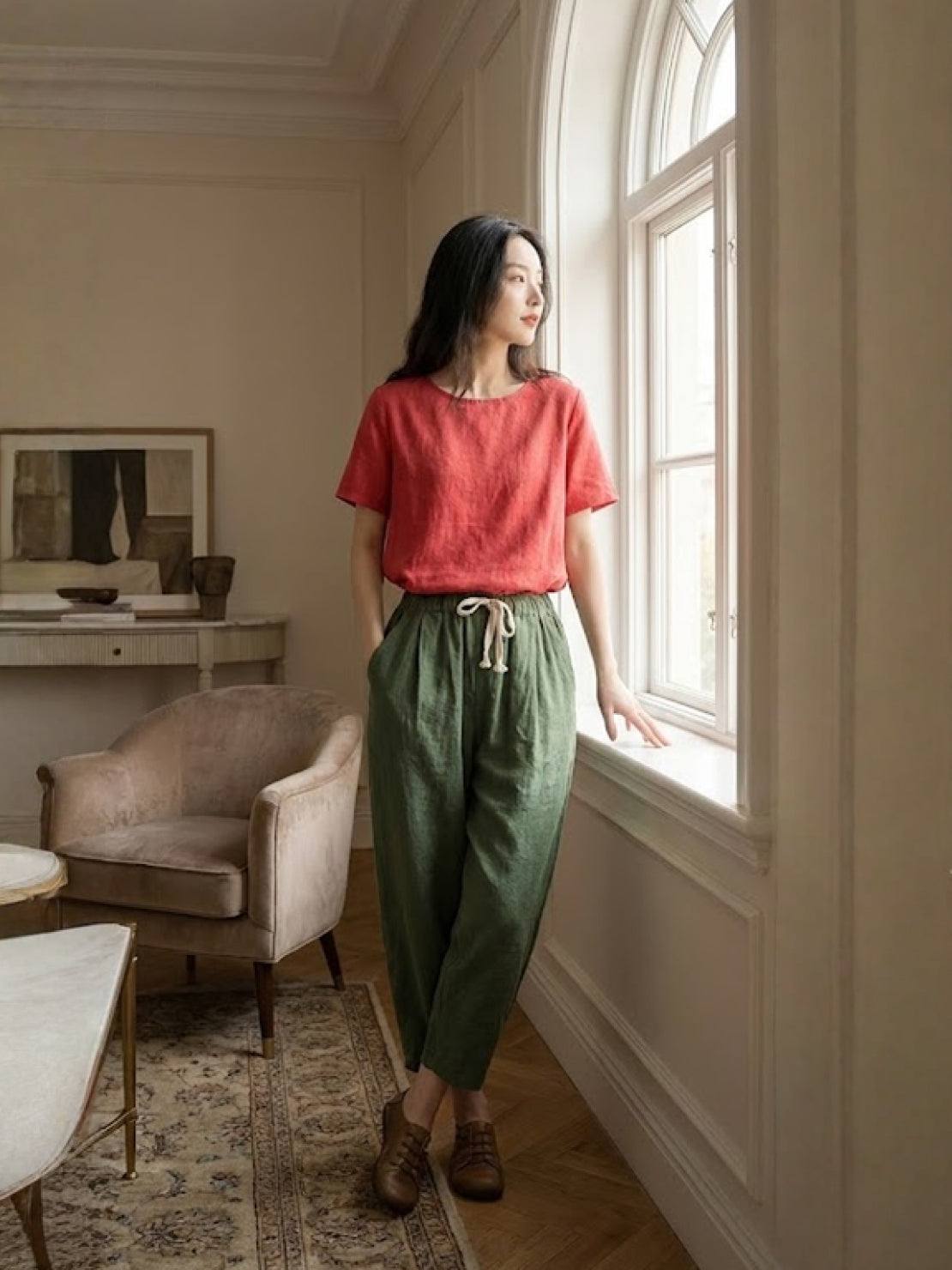 Emily | Drawstring Waist Slim Tapered Cuffed Linen Blend Casual Pants