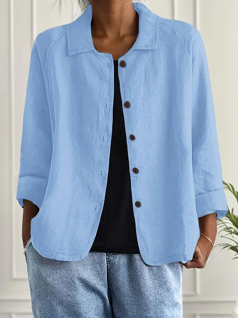 Reese | Lapel Collar Button Down 3/4 Sleeve Relaxed Casual Blouse