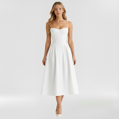 Floravienne | Floral Corset Bodice Spaghetti Strap Pleated Elegant Midi Dress