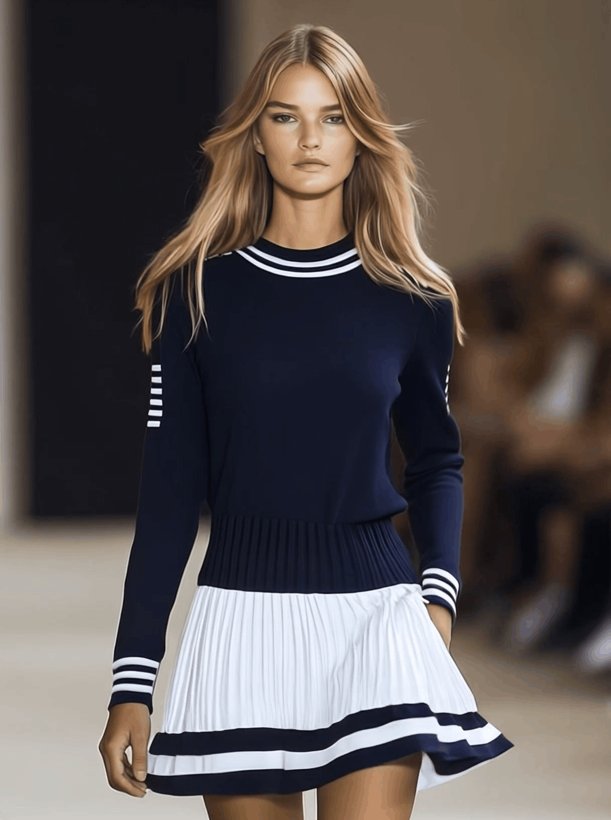 Calypso | Stripe Trim Crew Neck Long Sleeve Knit Top Pleated Skirt Mini Dress