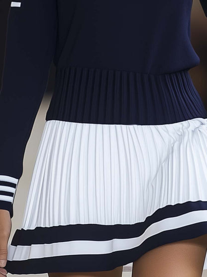 Calypso | Stripe Trim Crew Neck Long Sleeve Knit Top Pleated Skirt Mini Dress