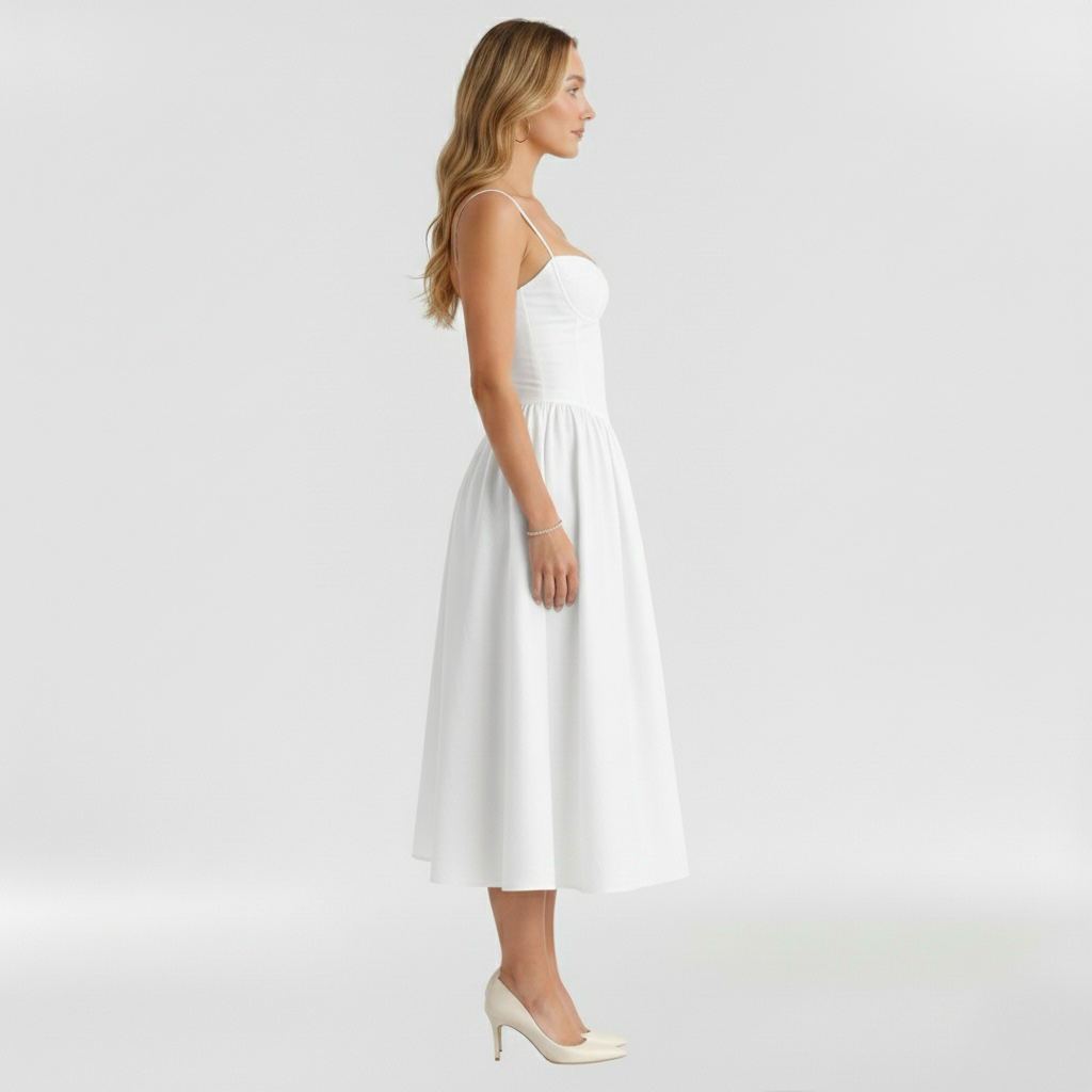 Floravienne | Floral Corset Bodice Spaghetti Strap Pleated Elegant Midi Dress