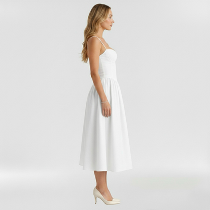 Floravienne | Floral Corset Bodice Spaghetti Strap Pleated Elegant Midi Dress
