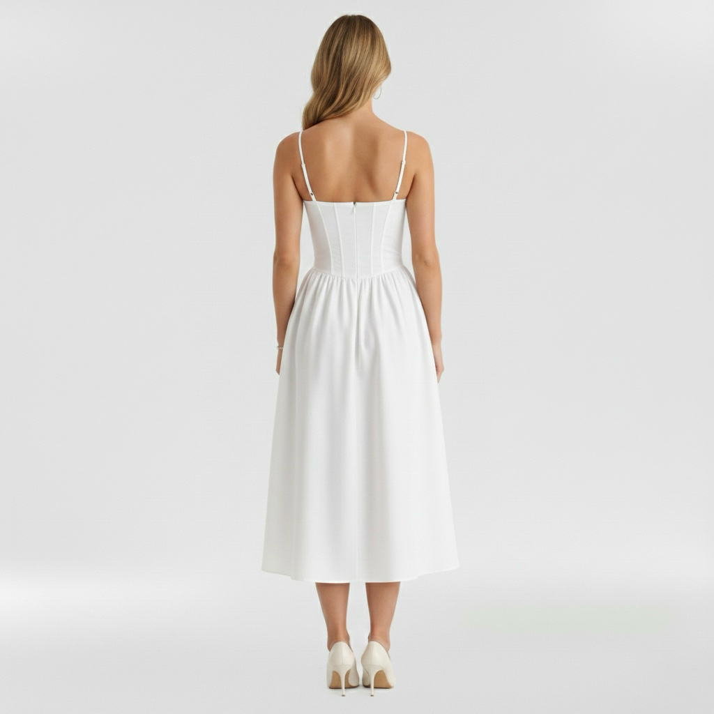 Floravienne | Floral Corset Bodice Spaghetti Strap Pleated Elegant Midi Dress