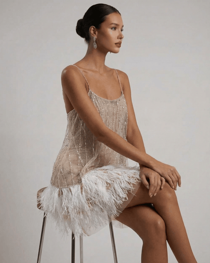 Celeste | Women's Sequin Spaghetti Strap Feather Trim Evening Mini Dress