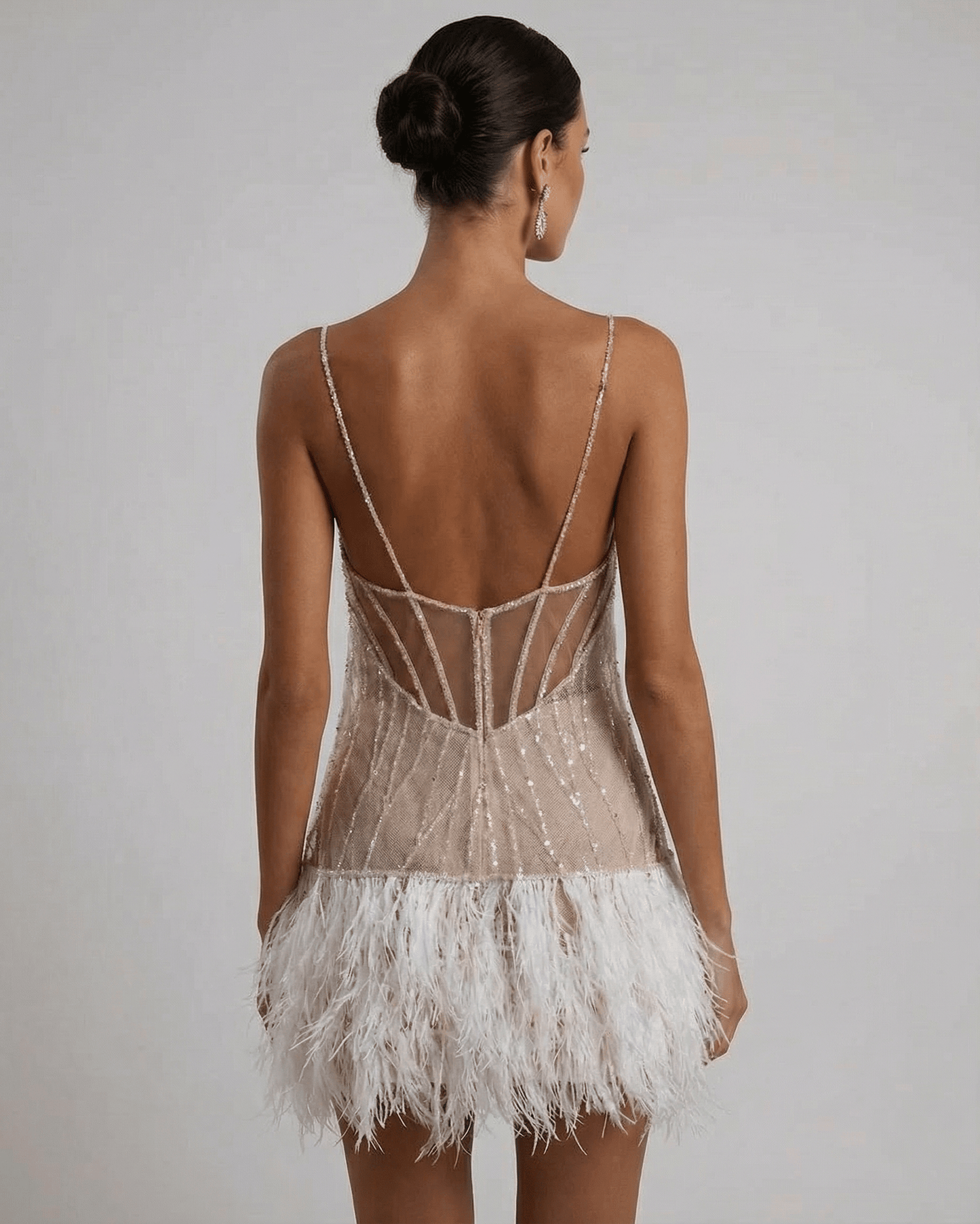 Celeste | Women's Sequin Spaghetti Strap Feather Trim Evening Mini Dress