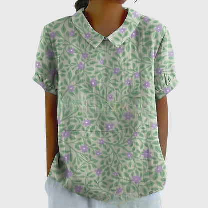 Jenna | Floral Print Collared Short Sleeve Casual Linen Blouse
