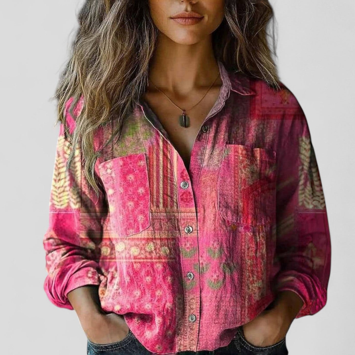 Lorenhilde | Colorblock Floral Long Sleeve Button Down Casual Boho Blouse