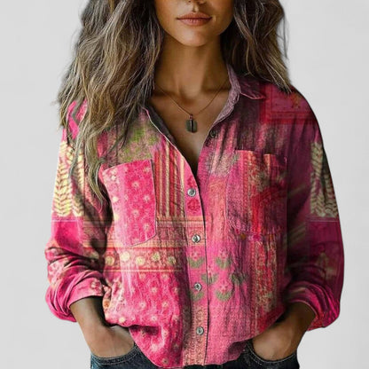 Lorenhilde | Colorblock Floral Long Sleeve Button Down Casual Boho Blouse