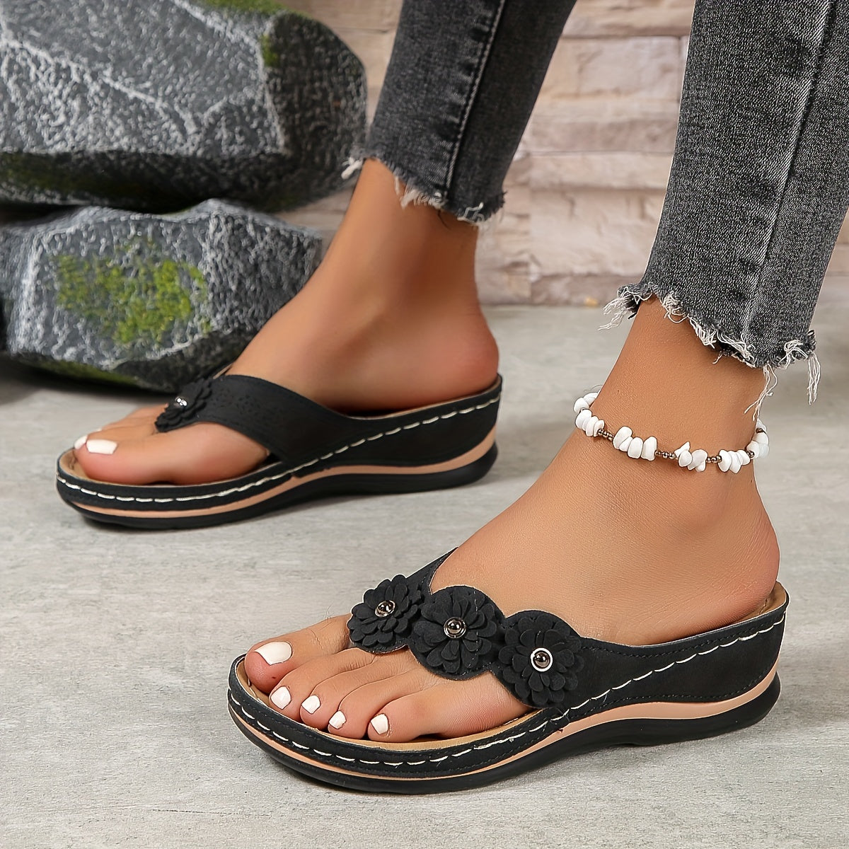 Pippa | Floral Appliqué Thong Wedge Slip On Orthopedic Sandal