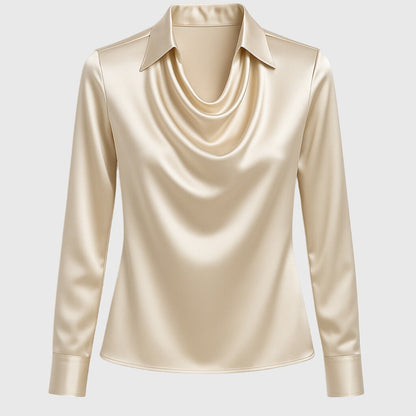 Brooklyn | Satin Draped Cowl Neck Collared Long Sleeve Blouse