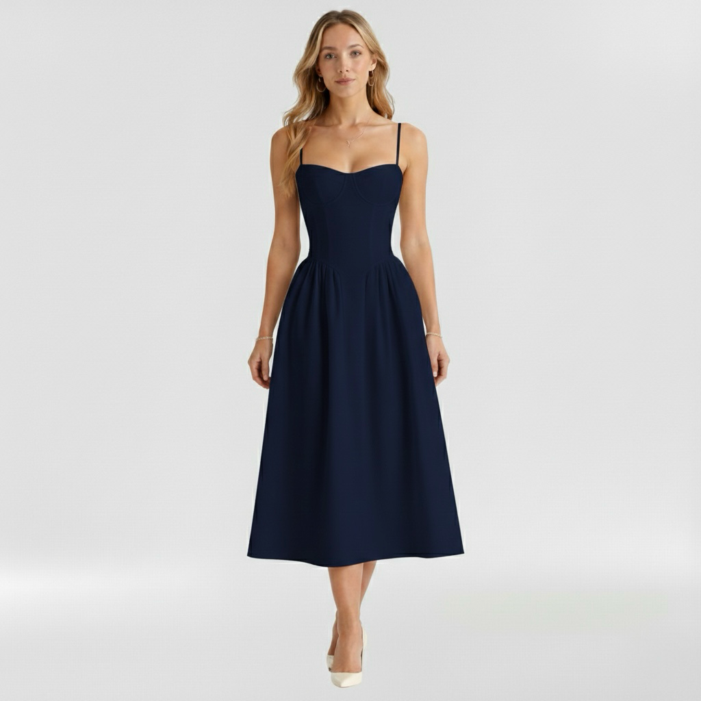 Floravienne | Floral Corset Bodice Spaghetti Strap Pleated Elegant Midi Dress