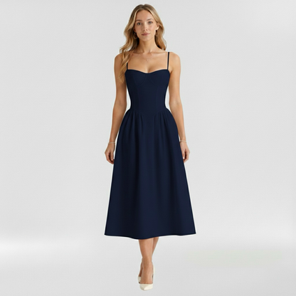 Floravienne | Floral Corset Bodice Spaghetti Strap Pleated Elegant Midi Dress