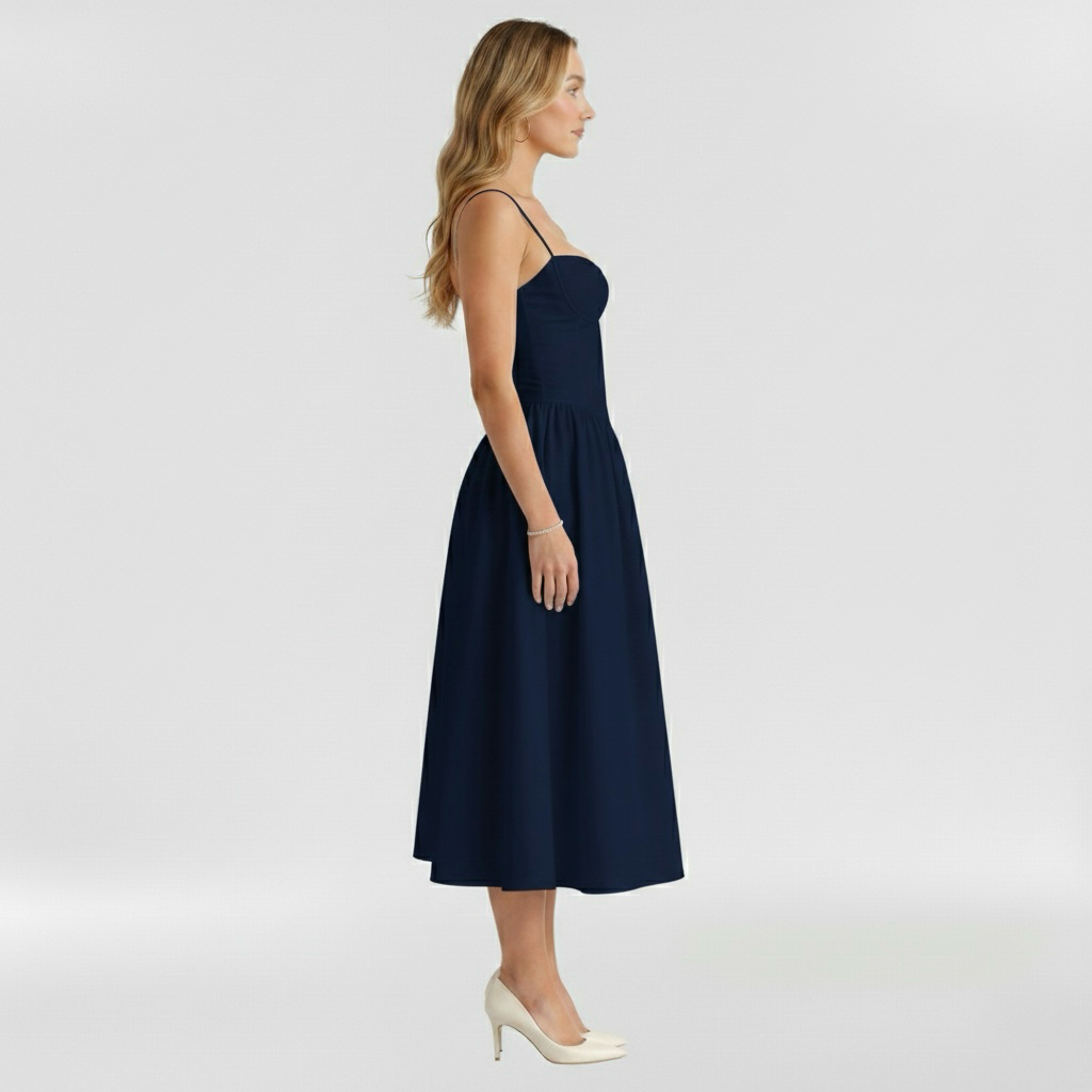 Floravienne | Floral Corset Bodice Spaghetti Strap Pleated Elegant Midi Dress