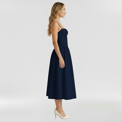 Floravienne | Floral Corset Bodice Spaghetti Strap Pleated Elegant Midi Dress