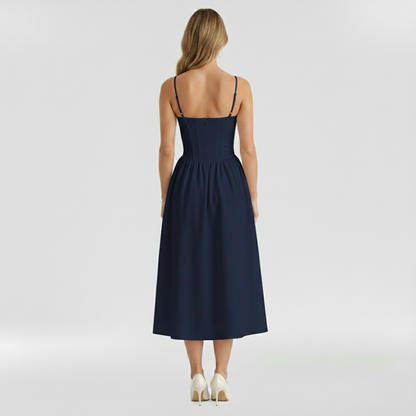 Floravienne | Floral Corset Bodice Spaghetti Strap Pleated Elegant Midi Dress