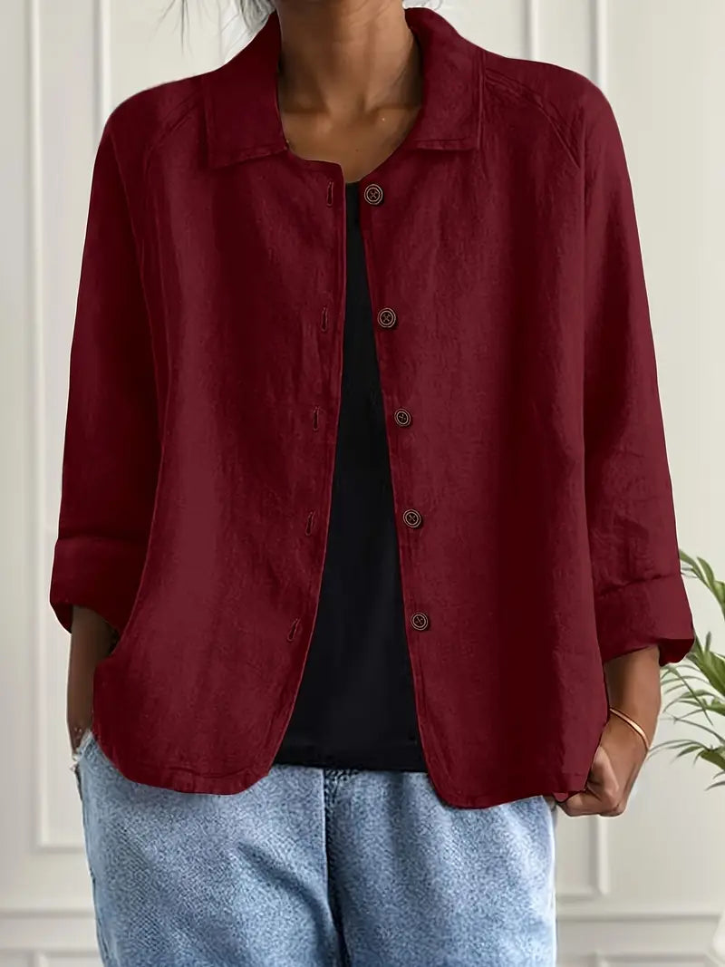Reese | Lapel Collar Button Down 3/4 Sleeve Relaxed Casual Blouse