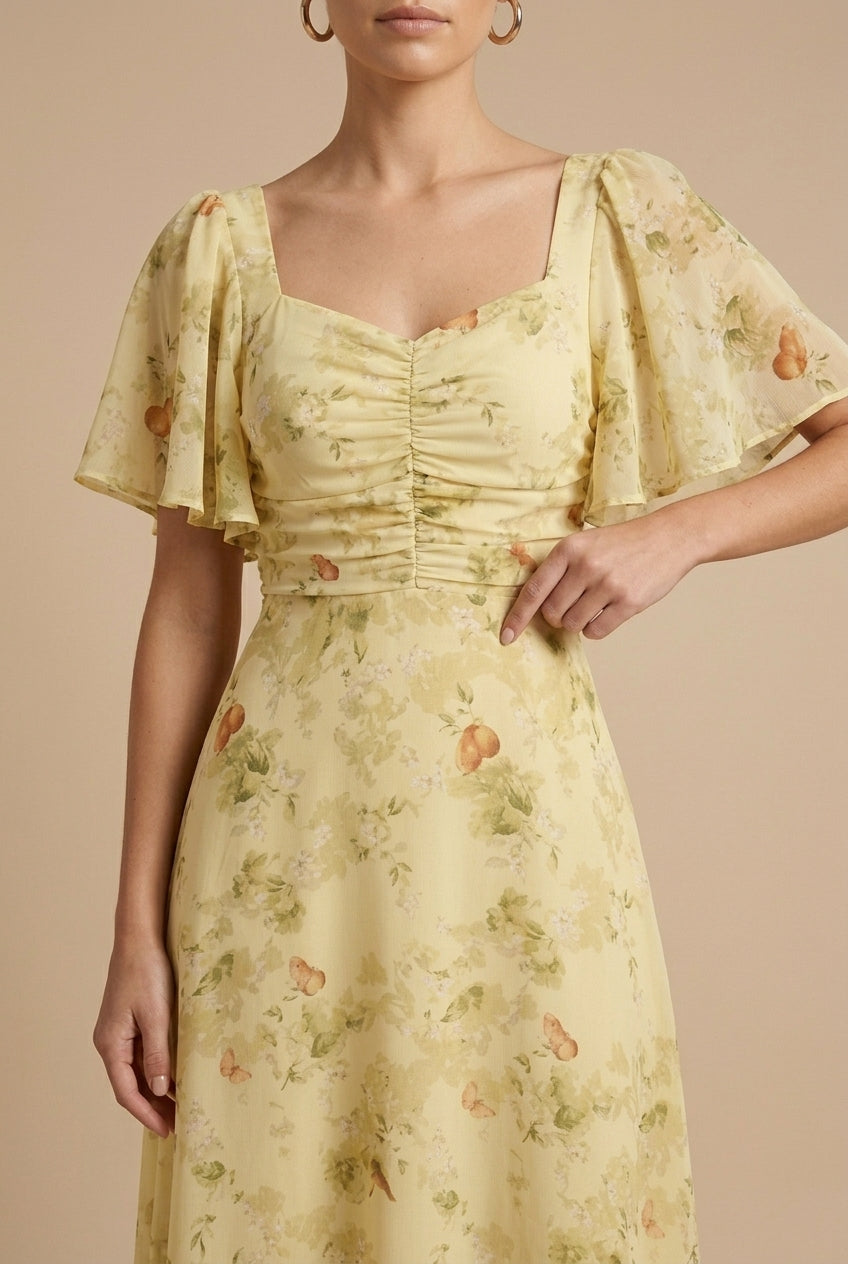 Marigold | Women's Floral Square Neck Flutter Sleeve Maxi Dress